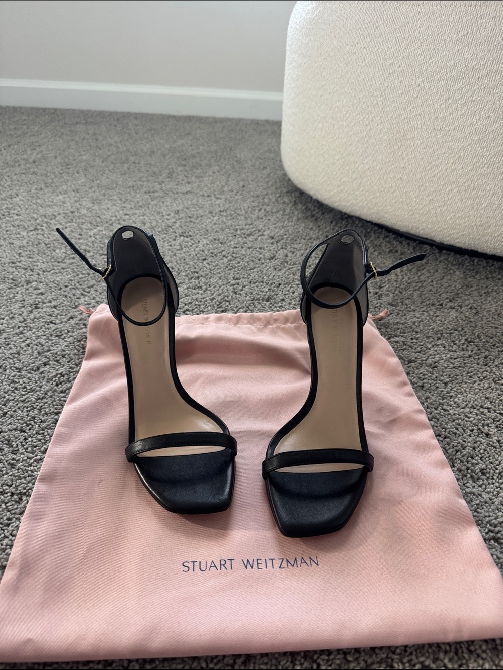 Stuart Weitzman Black Square-Toe Ankle-Strap Heels